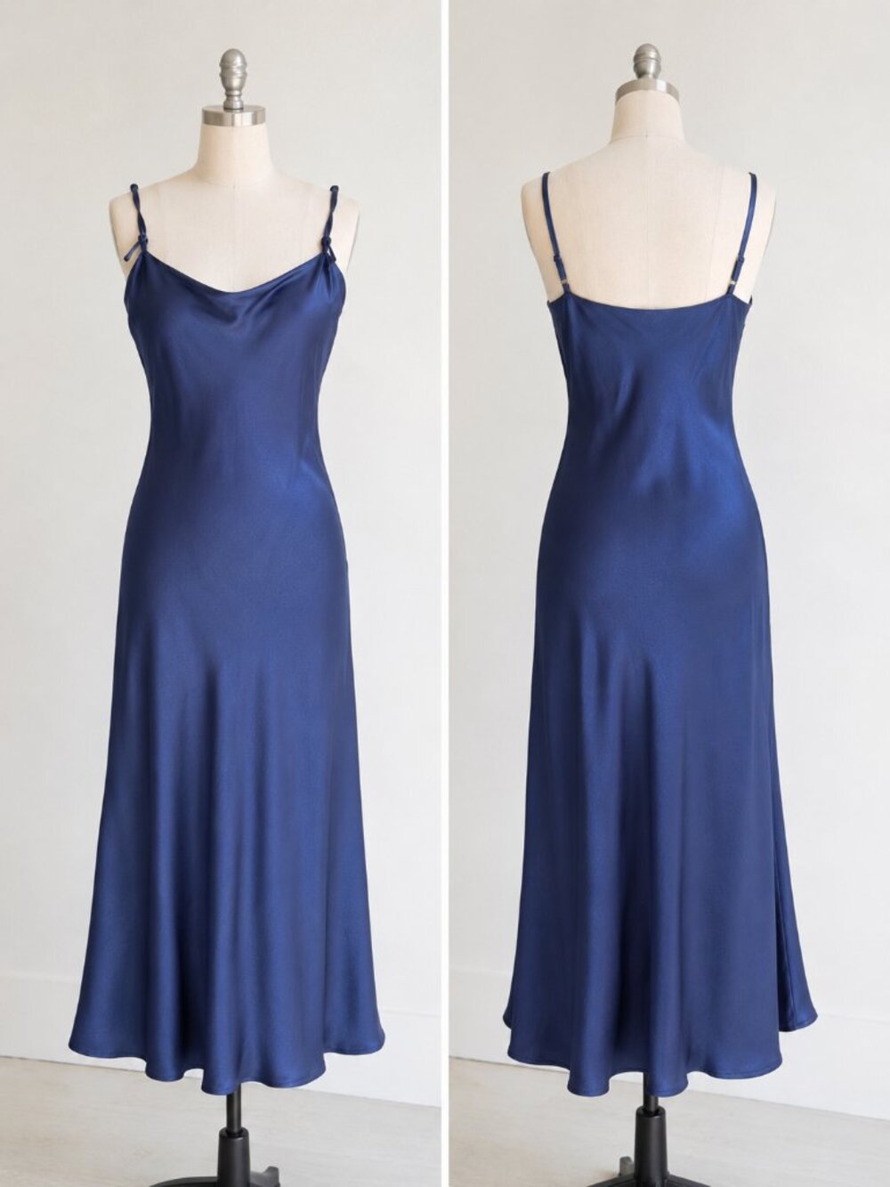 Fun2Fun Bias Cut Slip Dress Adjustable Straps Y2K Satin, Navy, Large